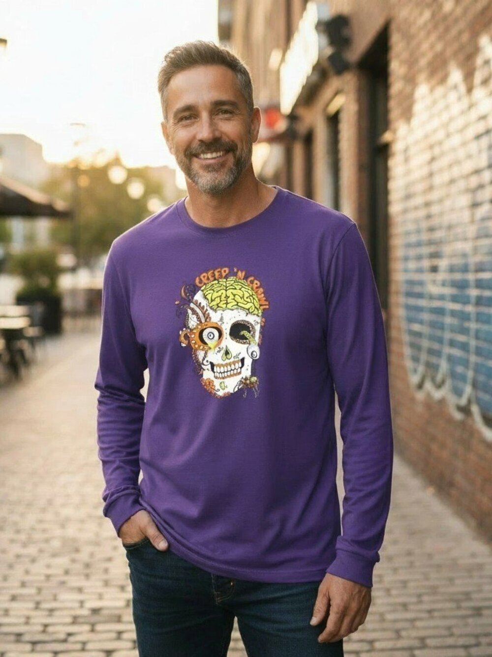 Purple Skull Creep N Crawl A4 Mens Size 2XL Adult Long Sleeve Halloween Shirt